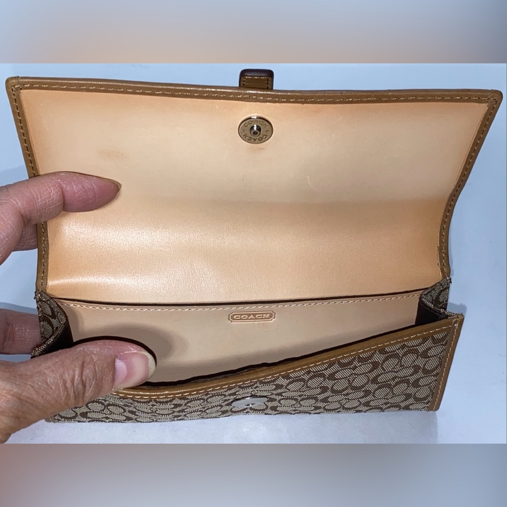 Coach Mini Monogram TAN LONG WALLET W/LEATHER TRIM & BUCKLE VGC - Picture 7 of 14